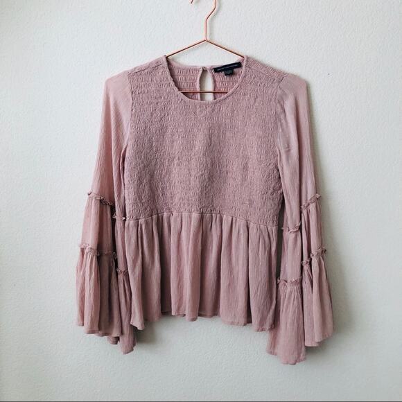 American Eagle pink smocked boho tiered bell sleeve blouse top - Picture 1 of 8